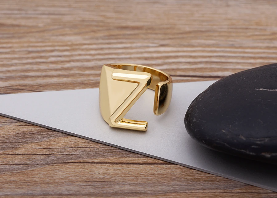 Trendy Hollow A-Z Letter Gold Color Adjustable Opening Ring Initials Name Alphabet Female Chunky Wide Party Wedding Jewelry