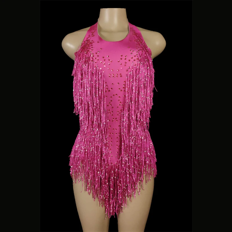 Sparkly Crystals  Fringe Bodysuit Women DJ Jazz Dance Costume With Rhinestones Stage Performance Nightclub Show Outfit