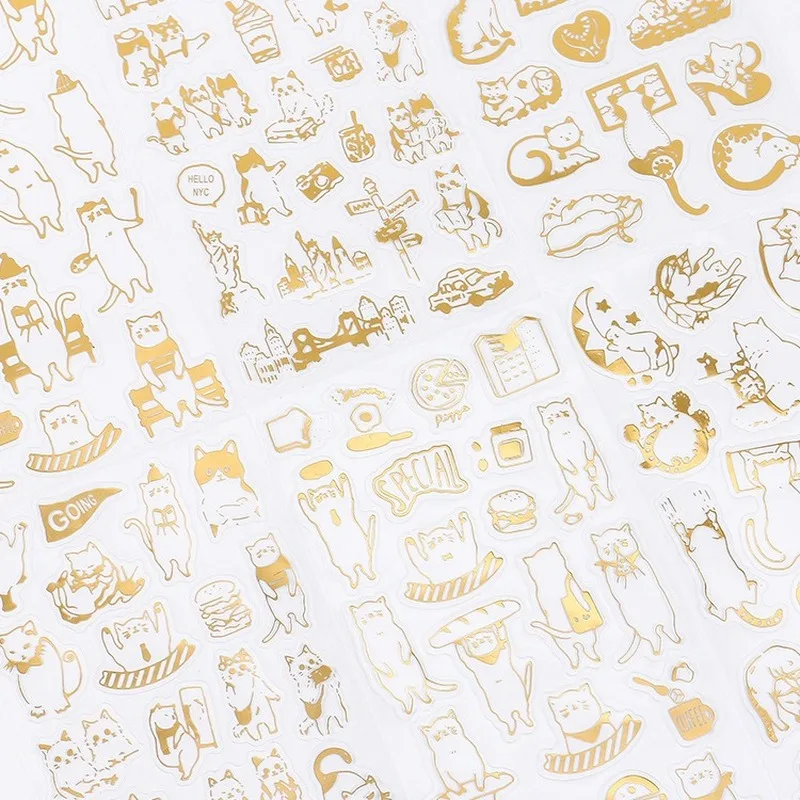 6 stks/set Leuke Bronzing Kat Stickers Gouden DIY Fotoalbum Decoratie Dagboek Scrapbooking Briefpapier Schoolbenodigdheden