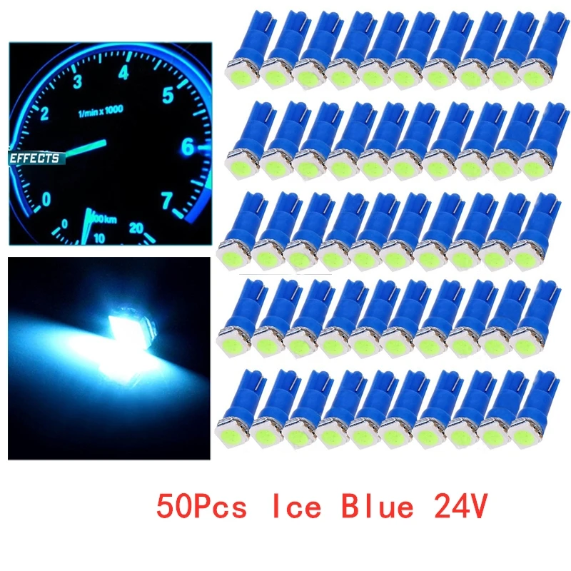 50Pcs T5 5050 1SMD 24V Ice Blue Blub Wedge Dashboard LED Lights Bulbs Car Lnstrument Indicator AC Lamp Auto Interior Accessories