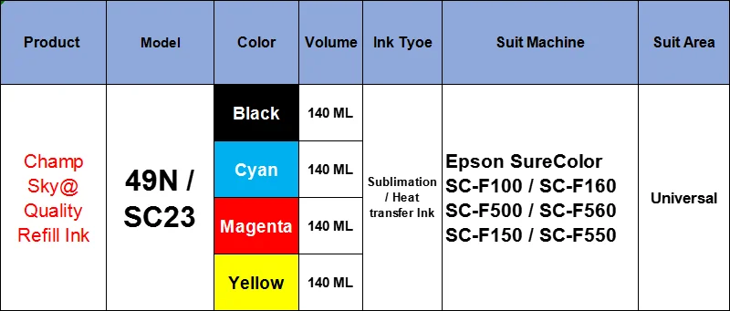 SKY T49N1 T49N2 T49N3 T49N4 SC23 Premium Sublimation Ink For Epson SureColor SC-F100 SC-F160 SC-F500 SC-F560 SC-F150 SC-F550