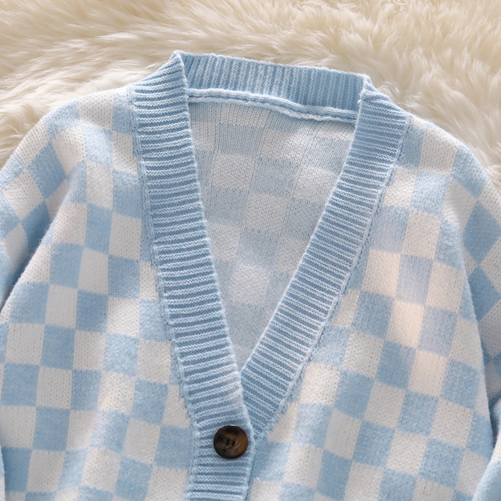 Blue Chessboard Plaid Knitted Cardigan Sweater Women\'s Winter Warm Button Knitted Coat Sweater Jumpers Outerwear Cardigan Top