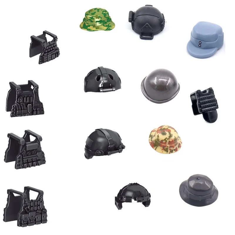 

5PCS Helmet Tactical Vest WW2 Military MOC Figures Playmobil Building Blocks Mini Toys For Children Assemble Army SWAT Locking