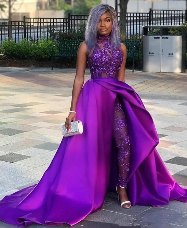 Modern  Jumpsuits Prom Dresses With Detachable Train High Neck Lace Appliqued Bead Purple African Women Party Evening Pant Suit