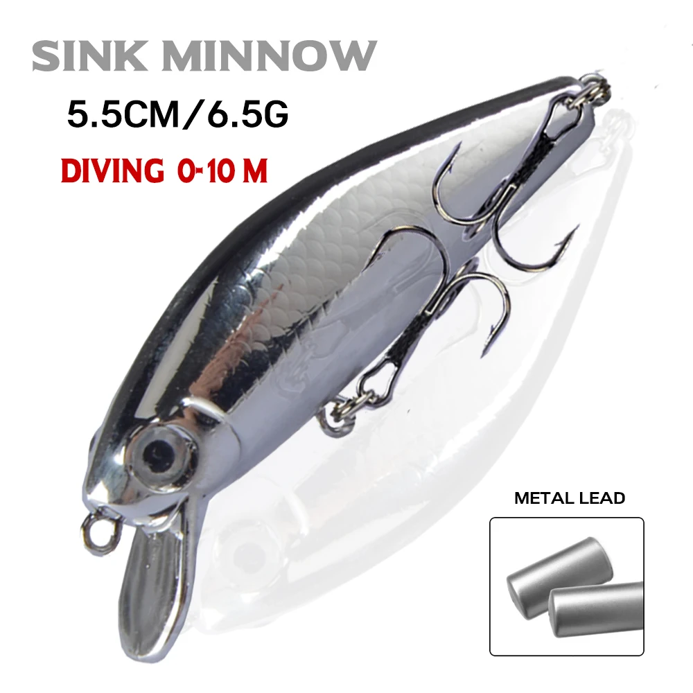 New Sinking Minnow Fishing Lure 55mm 6.5g Mini Artificial Bait Hard Wobbler All Water Crankbait For Pike Bass