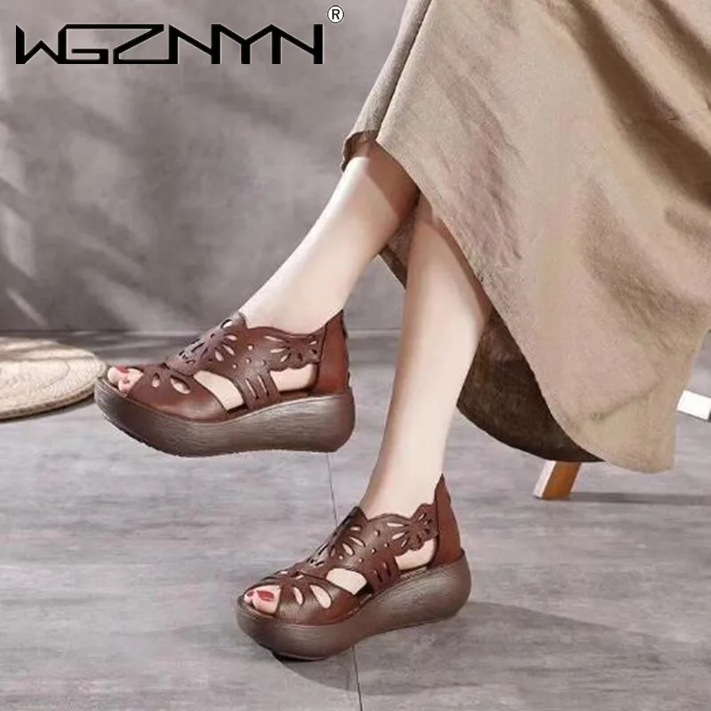 Summer Sandals Women 2023 New Genuine PU Leather Ladies Sandals Platform Women\'s Shoes Casual Retro Open Toe Shoes Sandals Women