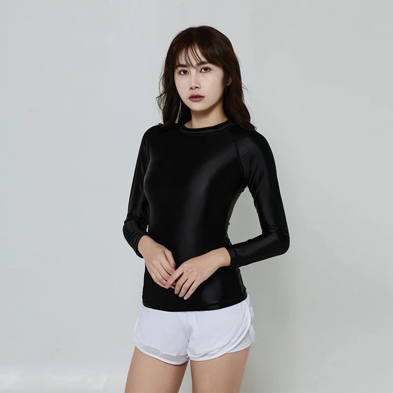 DROZENO One-piece swimsuit ladies sexy solid color smooth round neck long sleeve top Long shiny long sleeve surfer swimsuit sexy