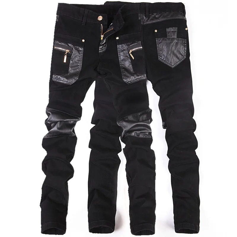 Zipper Splicing leather pants Long Pencil Pants  Jeans Slim Spring Hole Men's Fashion Thin Skinny Jeans Men Hiphop Trousers