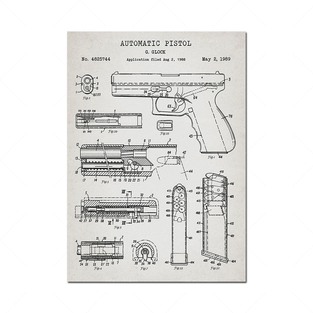 A set of 6 retro gun patent prints. Revolver. Gun wall art decoration. Vintage gun poster. Gun room decoration.