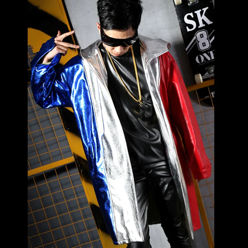 Men Stage Costume Faux Leather Cloak Hoodie Loose Long Coat Windbreaker Bar Nightclub Rap Singer DJ HIP HOP PU Leather Overcoat