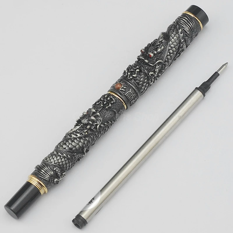 

Jinhao Vintage Rollerball Pen Grey Small Double Dragon Playing Pearl Metal Carving Embossing Heavy Pen For Writing Gadget