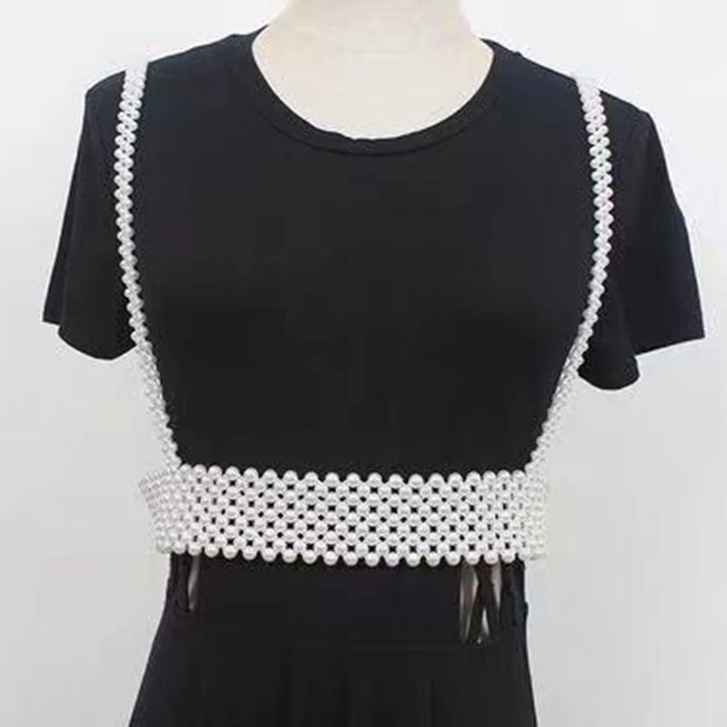 

FSHXOL pearlshoulder chain woven elastic vest ins suit dress shirt belt woman pearl womans waist chain jewelry waistband