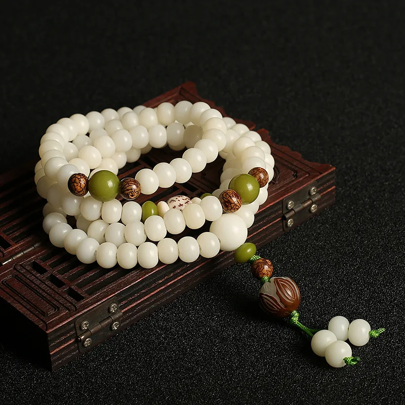 Fashion White Jade Beaded Bracelet Bodhi Buddhist Buddha Meditation 108 Prayer Bead Mala Bracelet Multilayer Bracelet Necklace