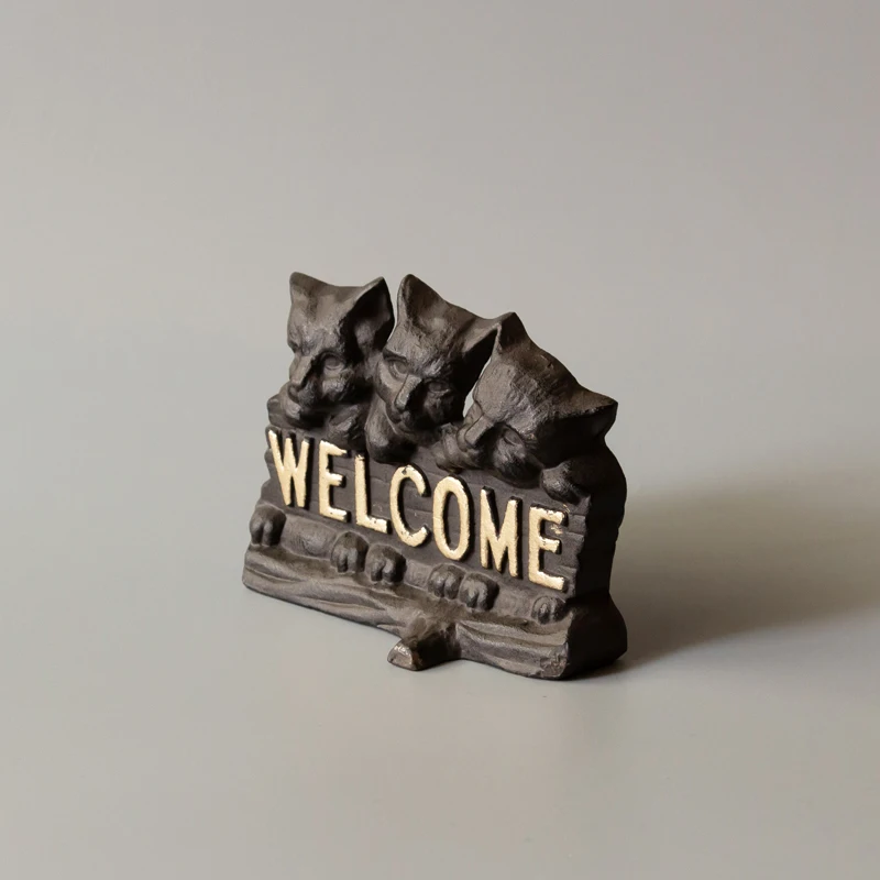 Antique Black 3 Cats Cast Iron Door Stop With Gold Welcome Signs On European Home Garden Decor Metal