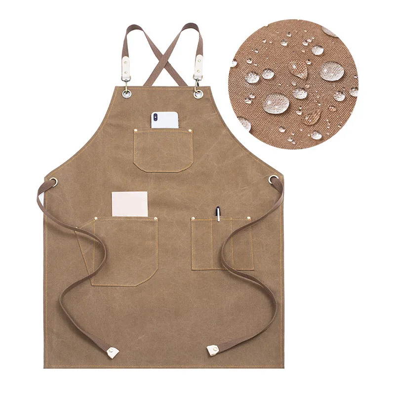 Waterproof Gray Khaki Canvas Apron Gardener Florist Workwear Pastry Chef Cafe Barista Bartender Bistro Restaurant Uniform K78