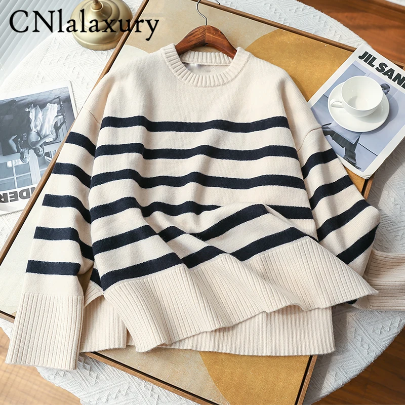 2023 New Autumn Winter Women Sweater Pullover Long Sleeve Round Neck Ladies Striped Knit Fashion Retro Casual Wear Jumper