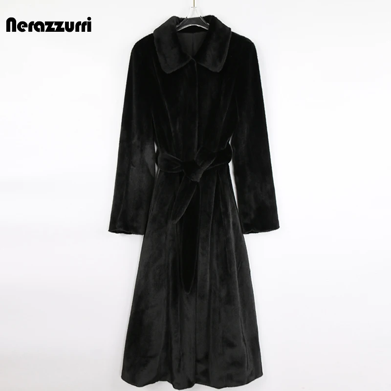 Nerazzurri Autumn Winter Long Fitte Soft Black Fluffy Faux Fur Coat Women Sashes Turn-down Collar Elegant Furry Overcoat 2024