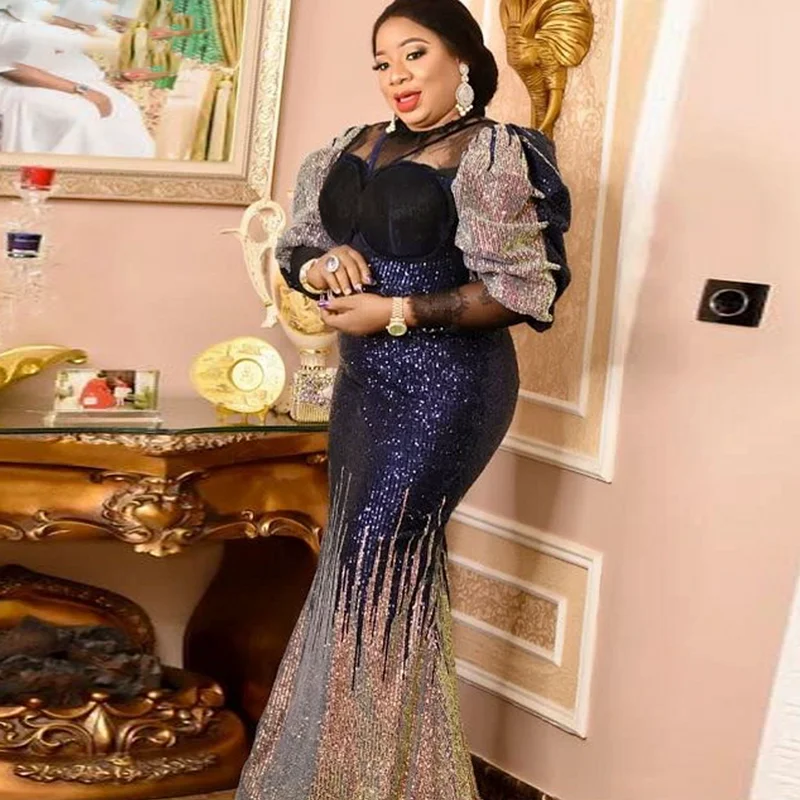 Aso Ebi Plus Size Mermaid Prom Dresses Navy Blue Sequined Half Long Sleeves Evening Gowns Saudi Arabia Formal Party Dress