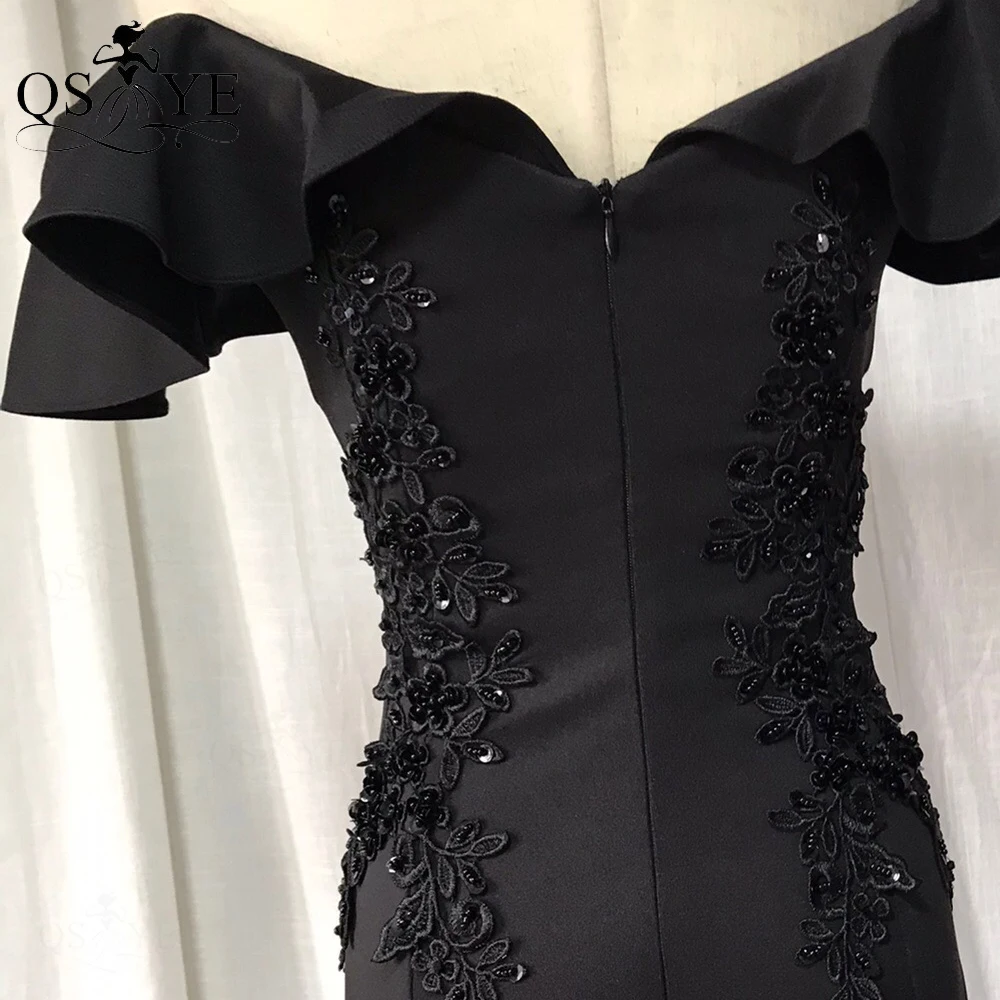 Black Evening Dresses Bead Appliques Lace Long Stretch Satin Mermaid Party Gown Off Shoulder Short Sleeves Women Gown Buttons