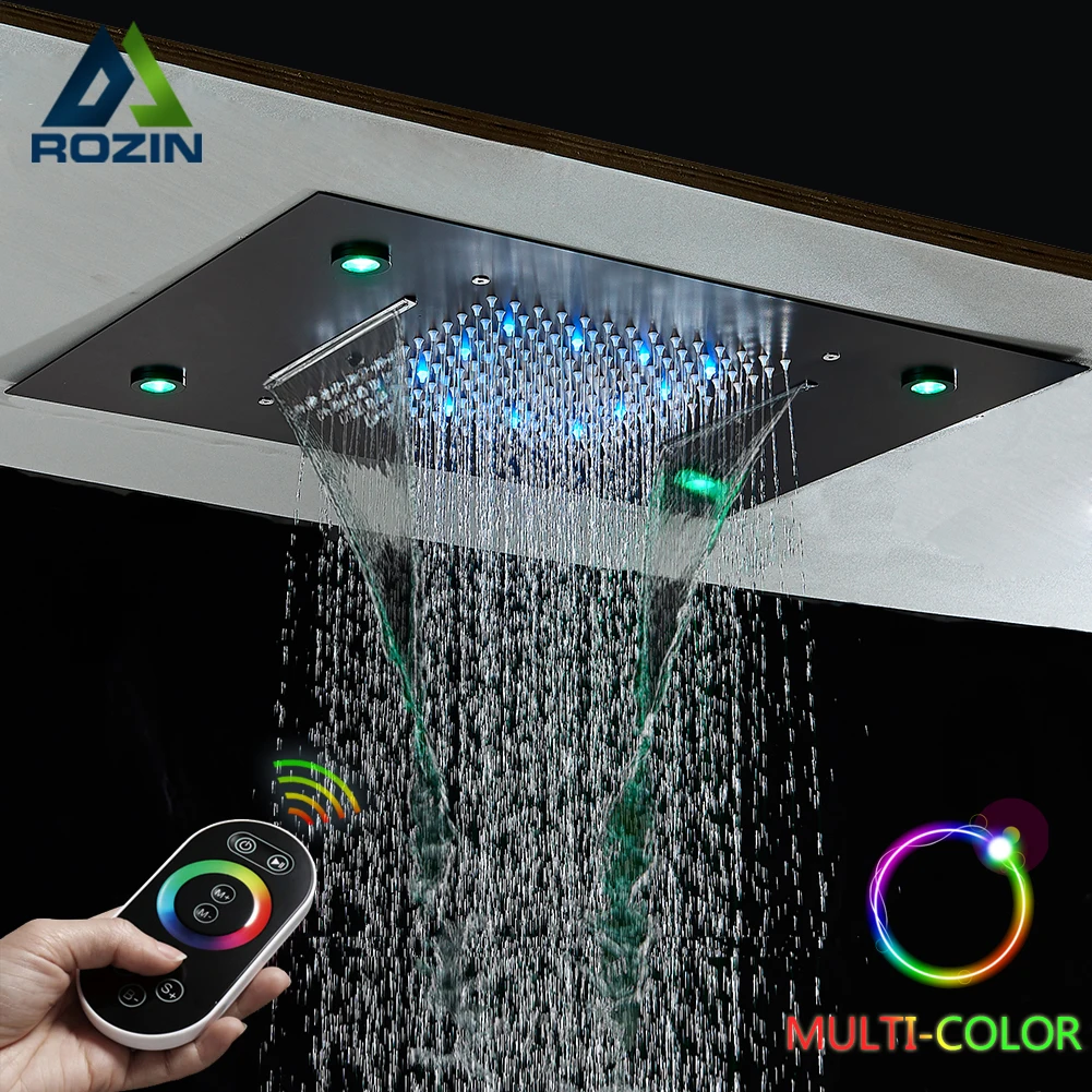 Rozin LED Shower Head 304SUS Ceiling Mounted Hidden Concealed Shower Heads Large Size Rain and Waterfall for Bathroom Shower