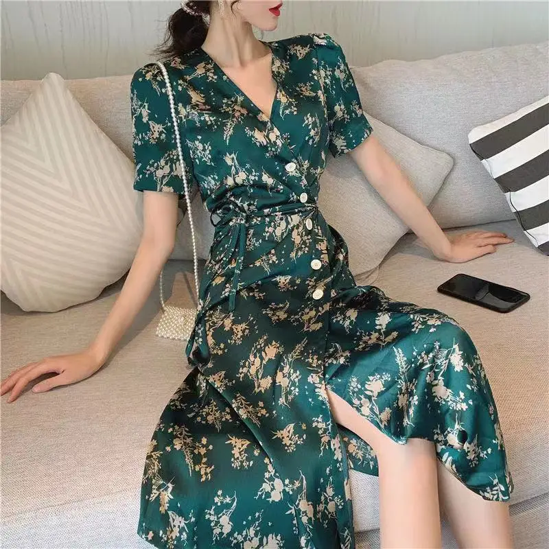 2021 Print Chic French Long Dress Vintage Casual Female Party Dresses V-neck Boho Beach Sundress Clothing for Women plus size