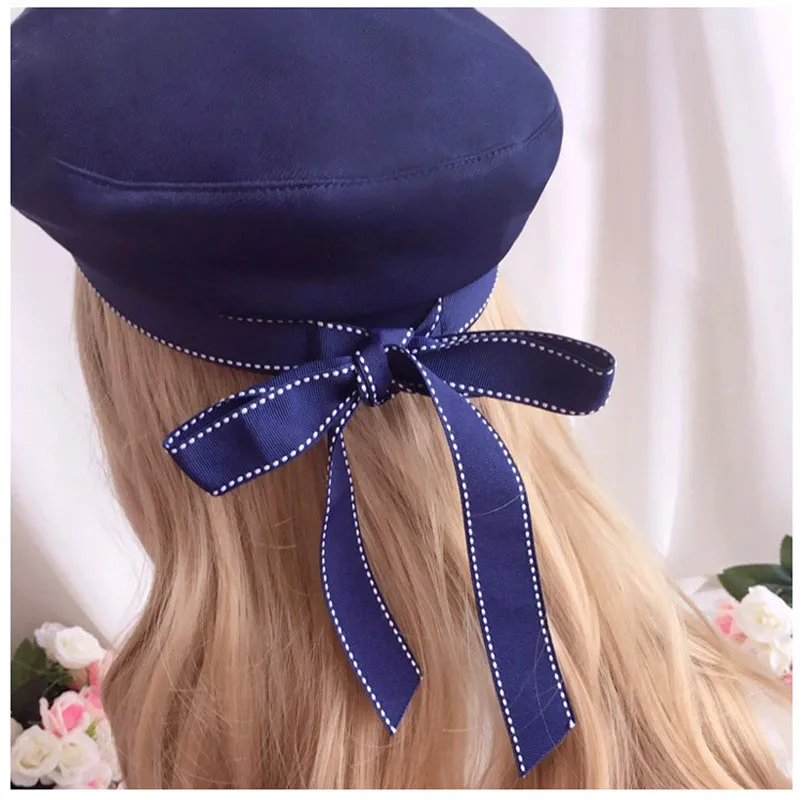 LOLITA ribbon bow navy beret blue white hat