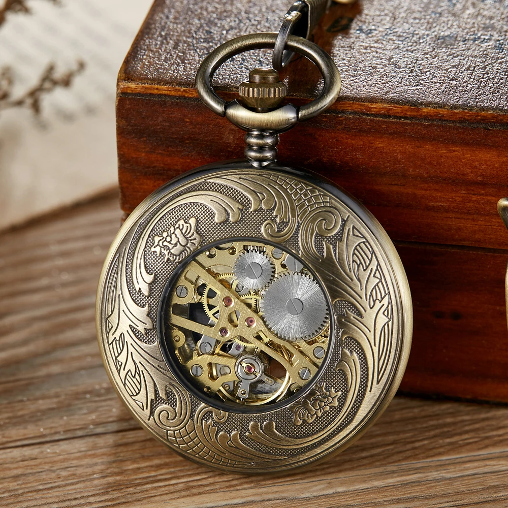 Reloj de bolsillo con diseño de lobo doble antiguo para hombre y mujer, cronógrafo mecánico Vintage con esqueleto hueco, colgante, regalos Retro