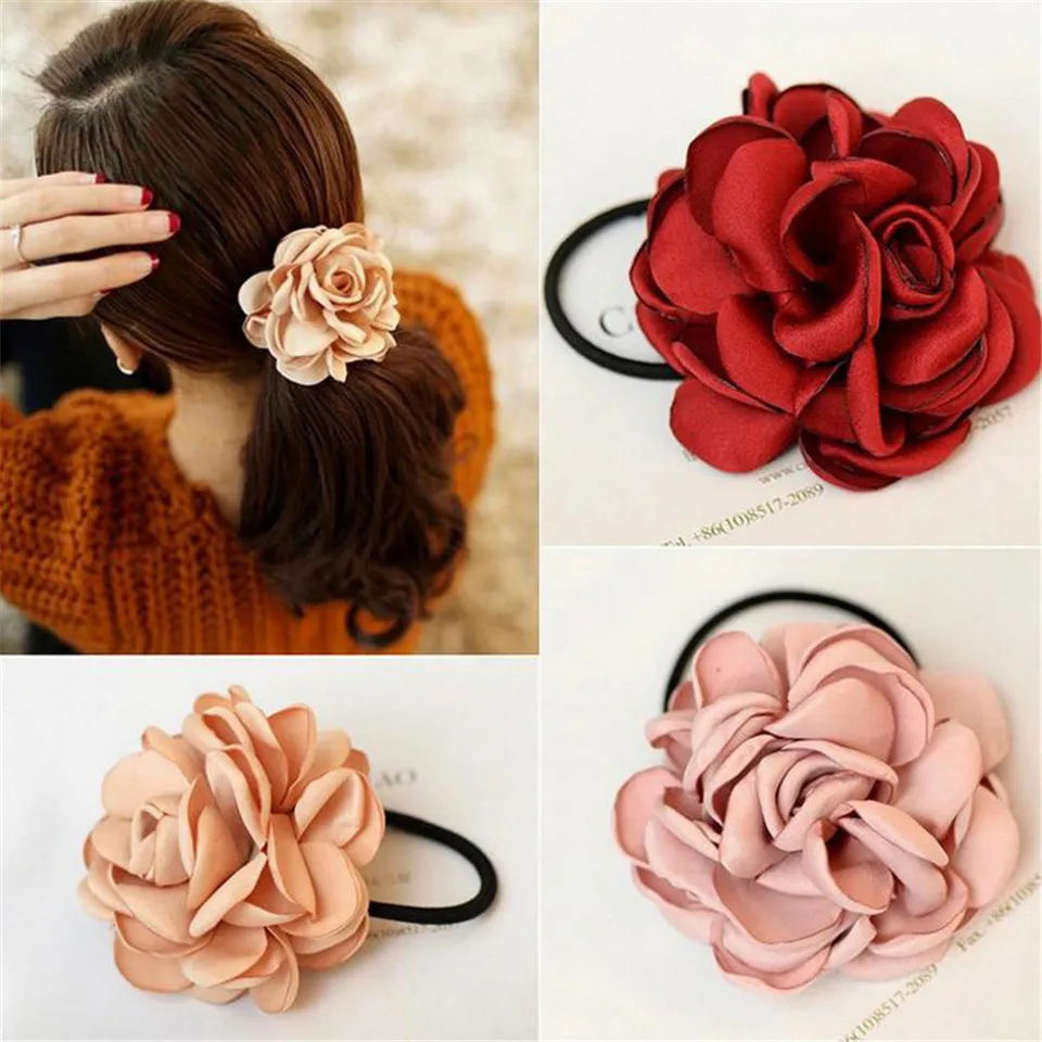 Flower Fabric Elastic Hair Bands Hair Accessories Girls Women Multi-layer Dimensional Charming Big Rose Ponytail Holder Hair Tie