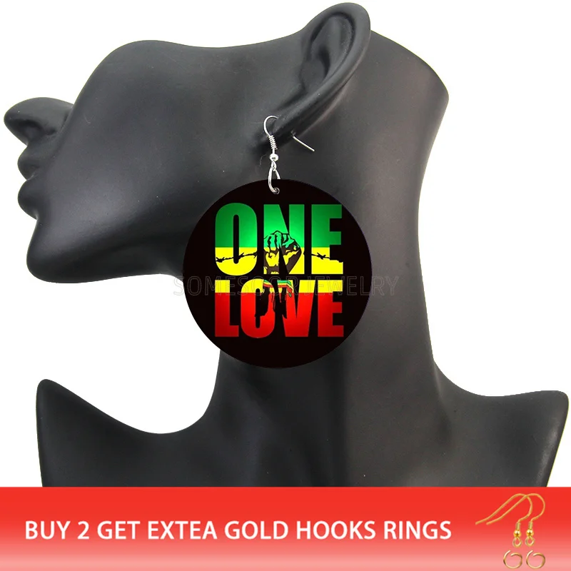 SOMESOOR Double Sides Printing United African Colors Wooden Drop Earrings ONE LOVE Power Fist Black Dangle Jewelry For Women