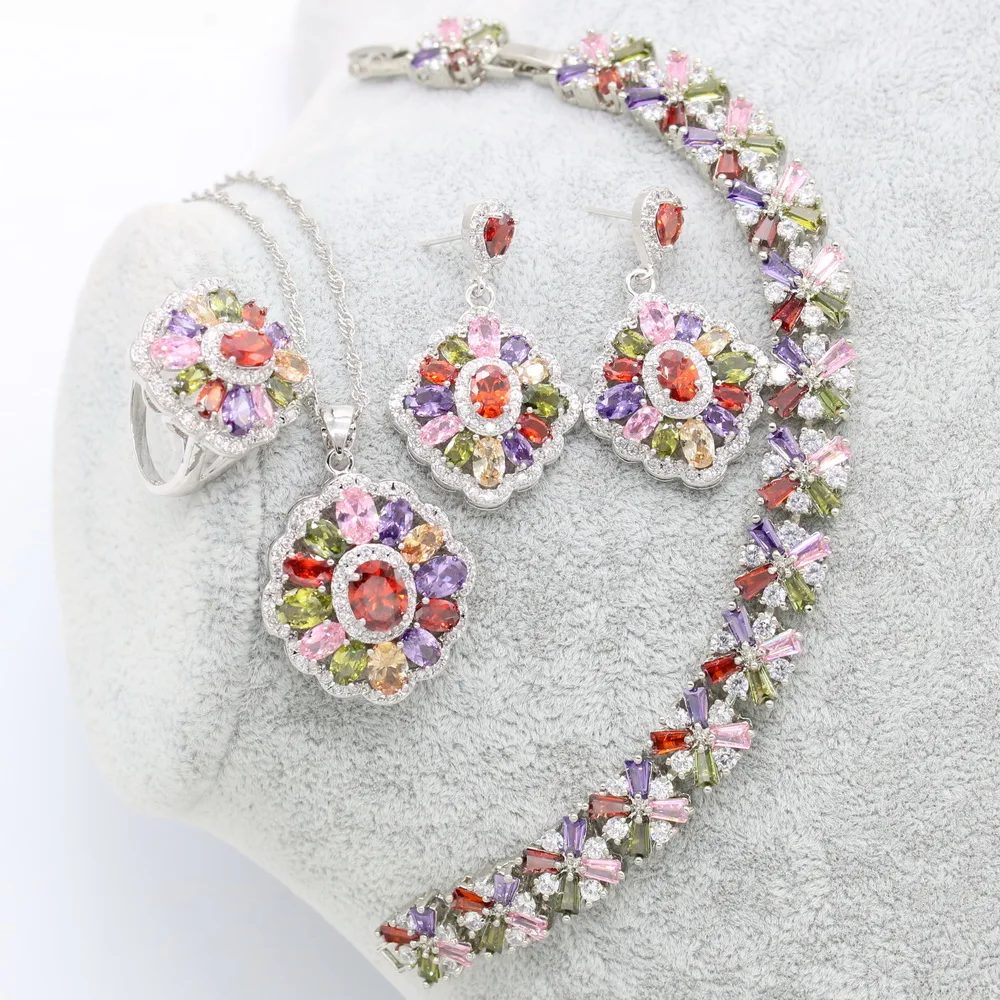 Luxury Jewelry Earrings XUTAAYI Silver Wedding Jewelry Sets For Women Multicolor Bracelet Rings Bridal Pendant Necklace Set