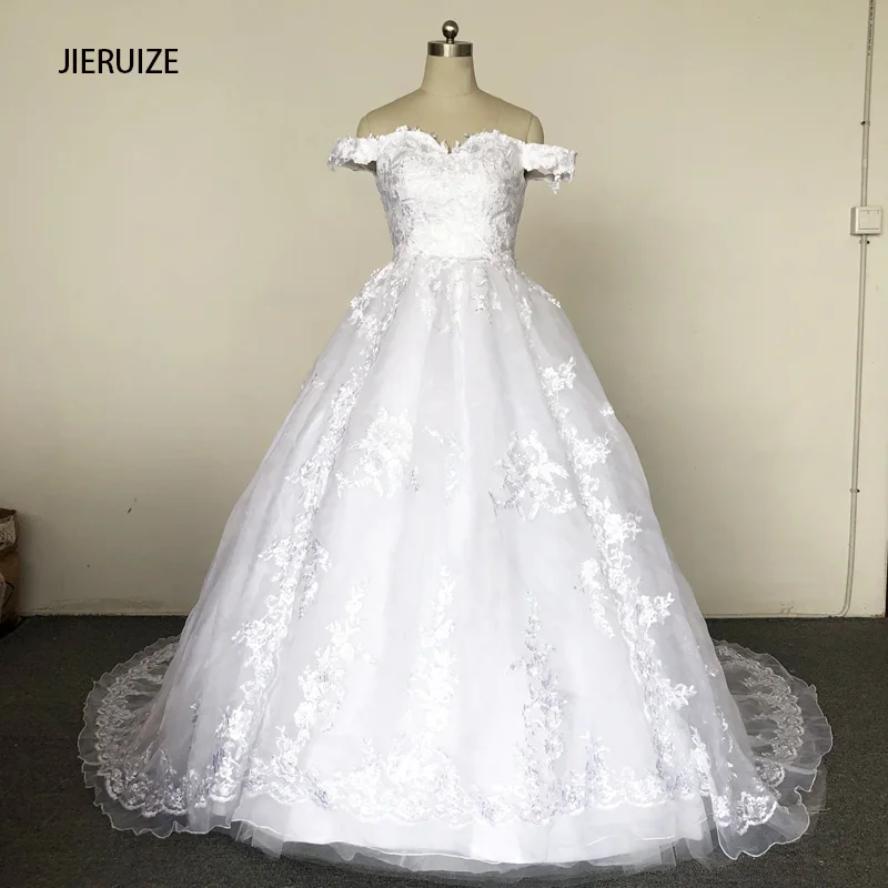 

JIERUIZE White Lace Appliqués Luxury Ball Gown Wedding Dresses Sweetheart Off The Shoulder Lace Up Back Bridal Gowns Real Dress