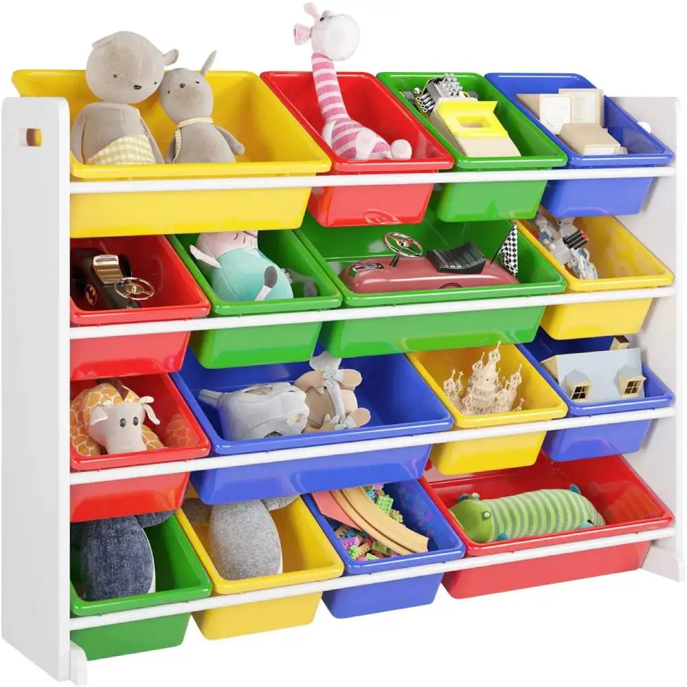 Wooden Kids' Toy Storage Organizer 4-Layer Shelf Rack with 16 Plastic Bins X-Large Green / Blue / Red / Yellow[US-Stock]