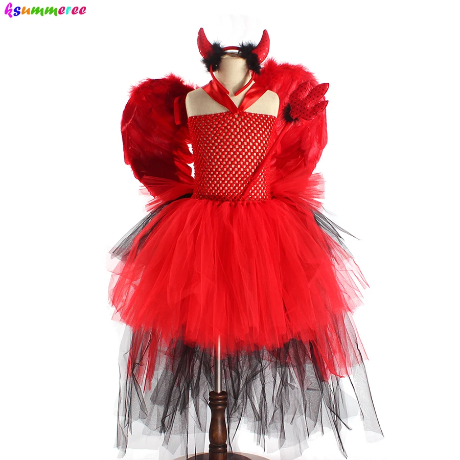 Girls Devil Witch Tutu Fancy Dress with Horns Wing Wand Red Black Bustle Halloween Costume Kids Cosplay Carnival Party Dresses