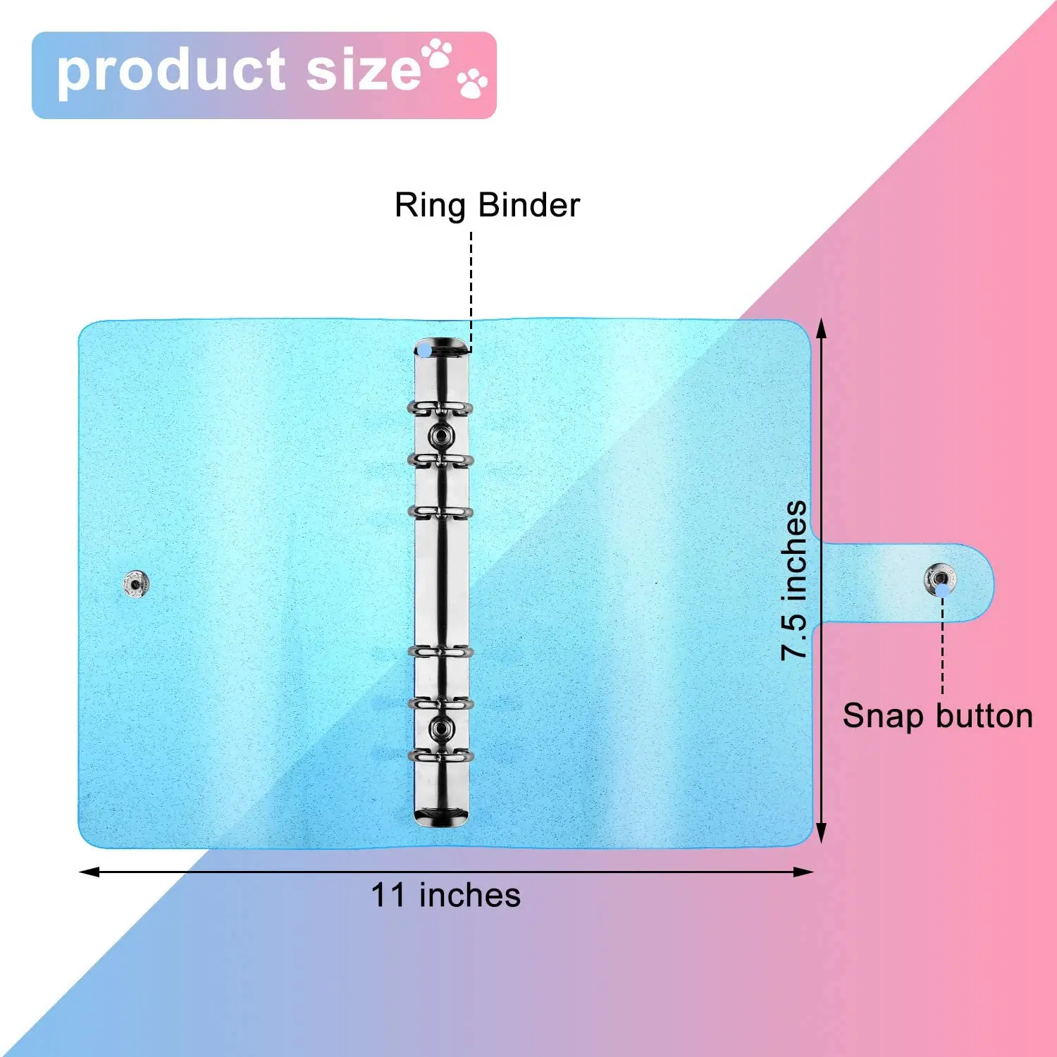 A6 Soft PVC 6-Ring Binder Cover with Glitter Clear Transparent PVC Notebook Cover Protector with Snap Button Loose Leaf binder