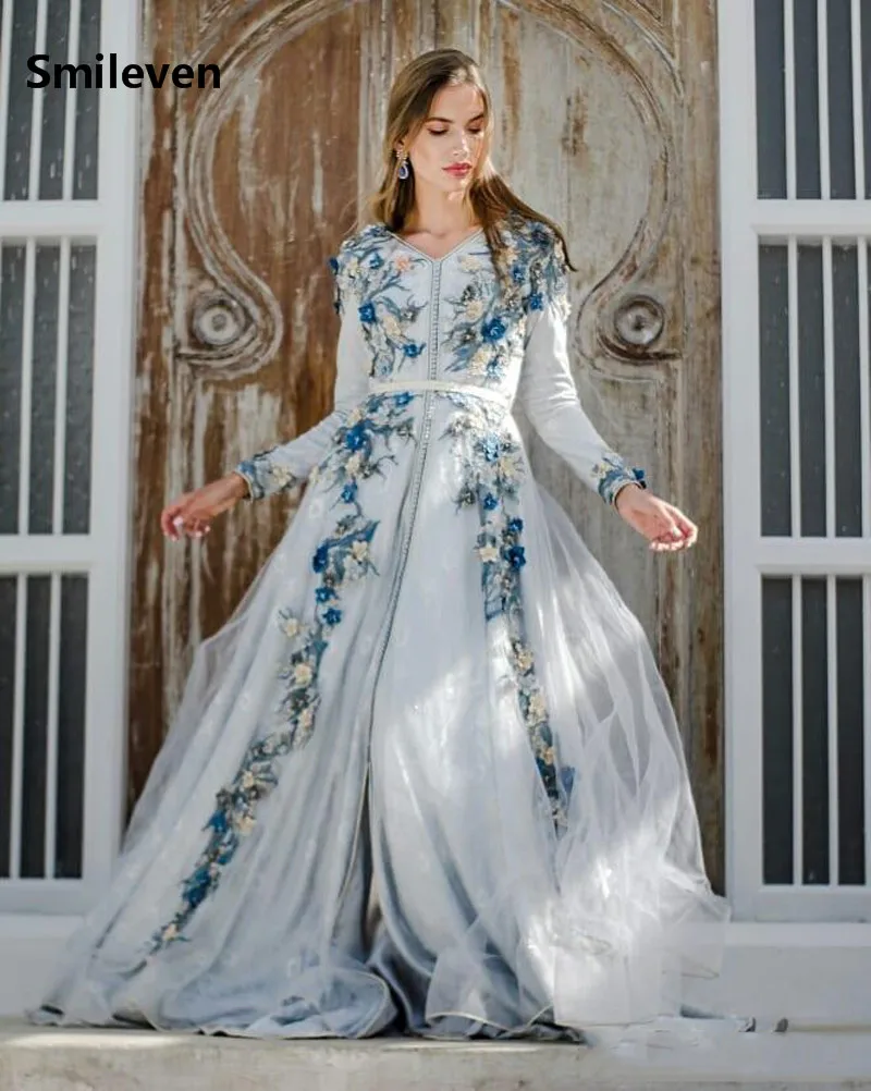 Smileven Moroccan caftan Sky Blue Evening Dresses 3D F lowers Arabic Muslim Special Occasion Dress Evening Party Gowns