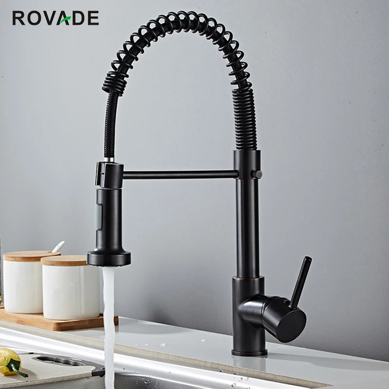 ROVODE Kitchen Faucets Solid Brass Single Handle Single Lever Pull Down Sprayer Spring Kitchen Sink Faucet Matte Black 8032