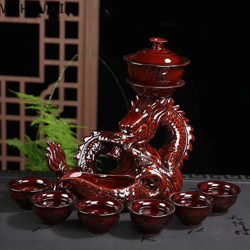 9 pcs / set Ceramics Lazy Man Tea Set Portable stone grinding semi-automatic porcelain Dragon teaware Tea ceremony supplies