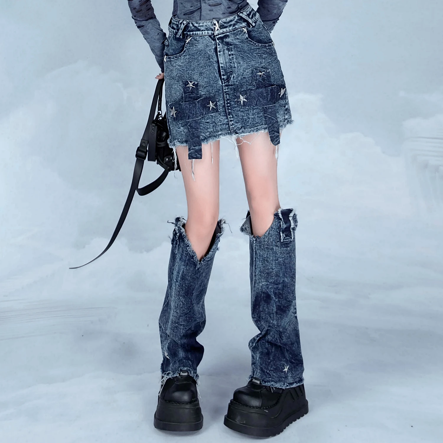 

New Summer Gothic Harajuku Star Rivet Cross Denim Skirts Hot Girl Fashion Sweet Punk Mini Kawaii Short Skirts