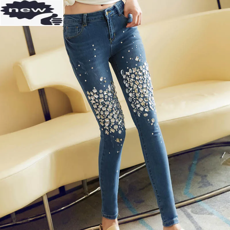 

New Arrival Fashion High Quality Womens Diamond Crystal Beading Pants Female Trousers Vintage Mid Waist Sweet Jeans Plus Size