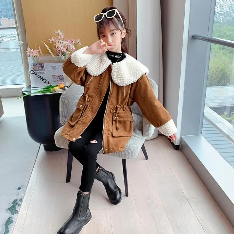 Girls clothes Autumn-Winter Warm Jacket 3-15Y Children Long Style Thicken Windbreaker teenage coat Fleece Collar Cotton-padded