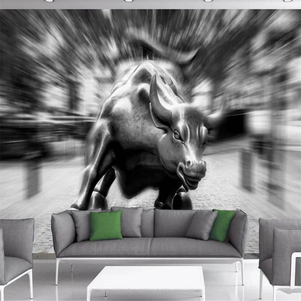 Milofi professional custom 3D wallpaper mural Wall Street copper bull black and white background wall decoration painting wallpa