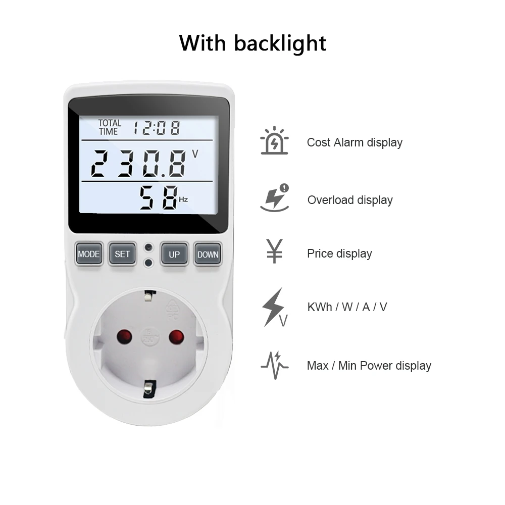 EU Plug AC Power Meter Socket 220V Digital Voltmeter Wattmeter Consumption Watt Energy Meter Electricity Cost Analyzer Monitor