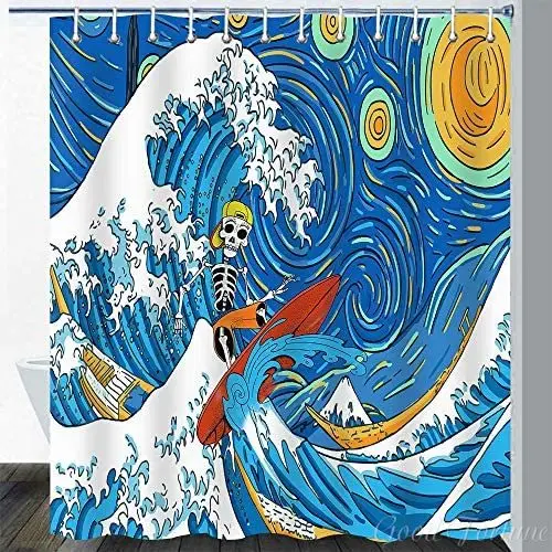 Wave Starry Sky Funny Sugar Skull Surfing Hawaii Summer Japan Mount Fuji Natural Landscape Ukiyoe Colorful Art Shower Curtain