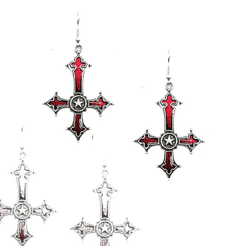 Pendientes con cruces góticas oscuras para mujer, aretes colgantes de Color negro, rojo, pentagrama y plata, joyería Punk llamativa, venta al por mayor