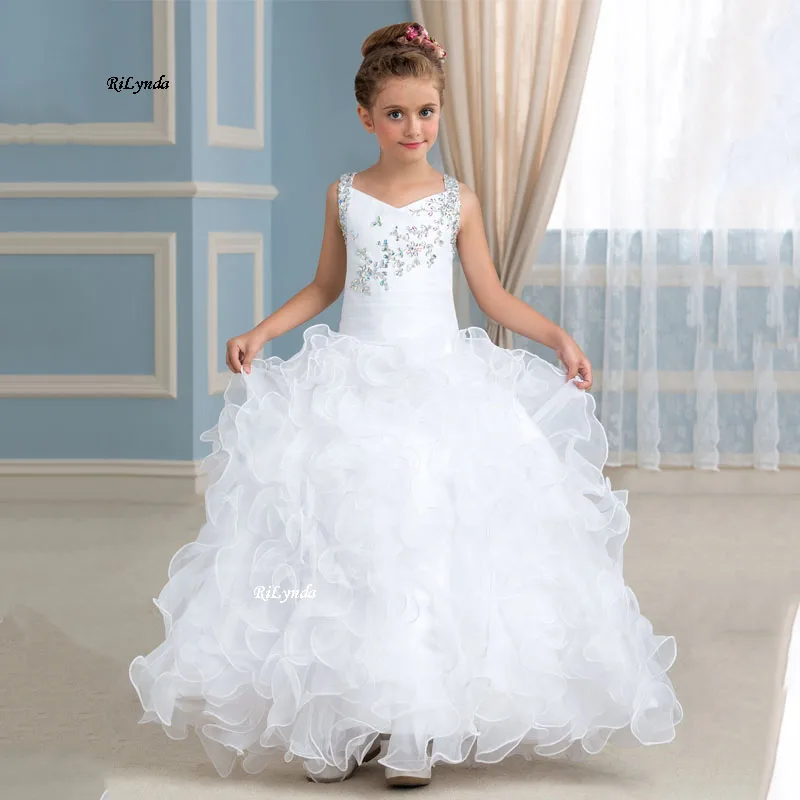 Laço branco applique vestidos da menina de flor para casamento em cascata festa de manga longa princesa menina vestido formal primeiro comunhão vestido