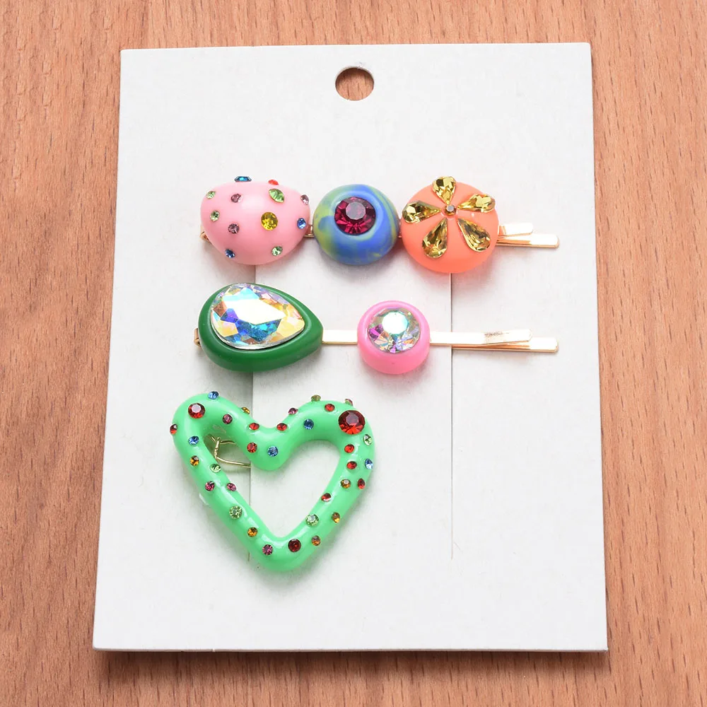 2024 New ZA Fashion Colorful Resin Hair Clips Women Hair Jewelry Heart Shape Crystal Rhinestones Hairpins Barrettes