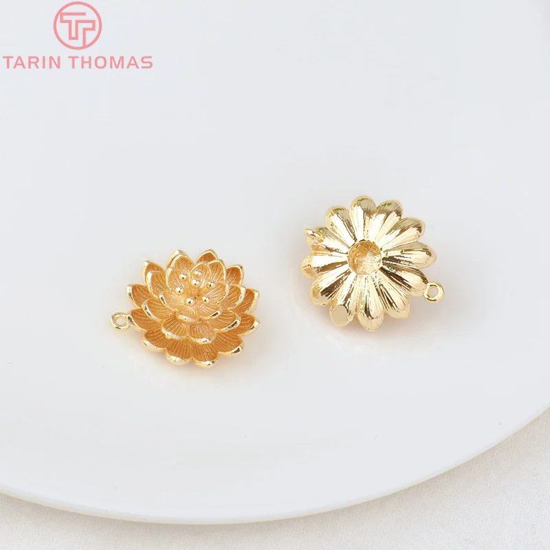 (806) 6PCS 18MM 24K Gold Color Plated Brass Flower Charms Connector Pendants High Quality Diy Jewelry Accessories