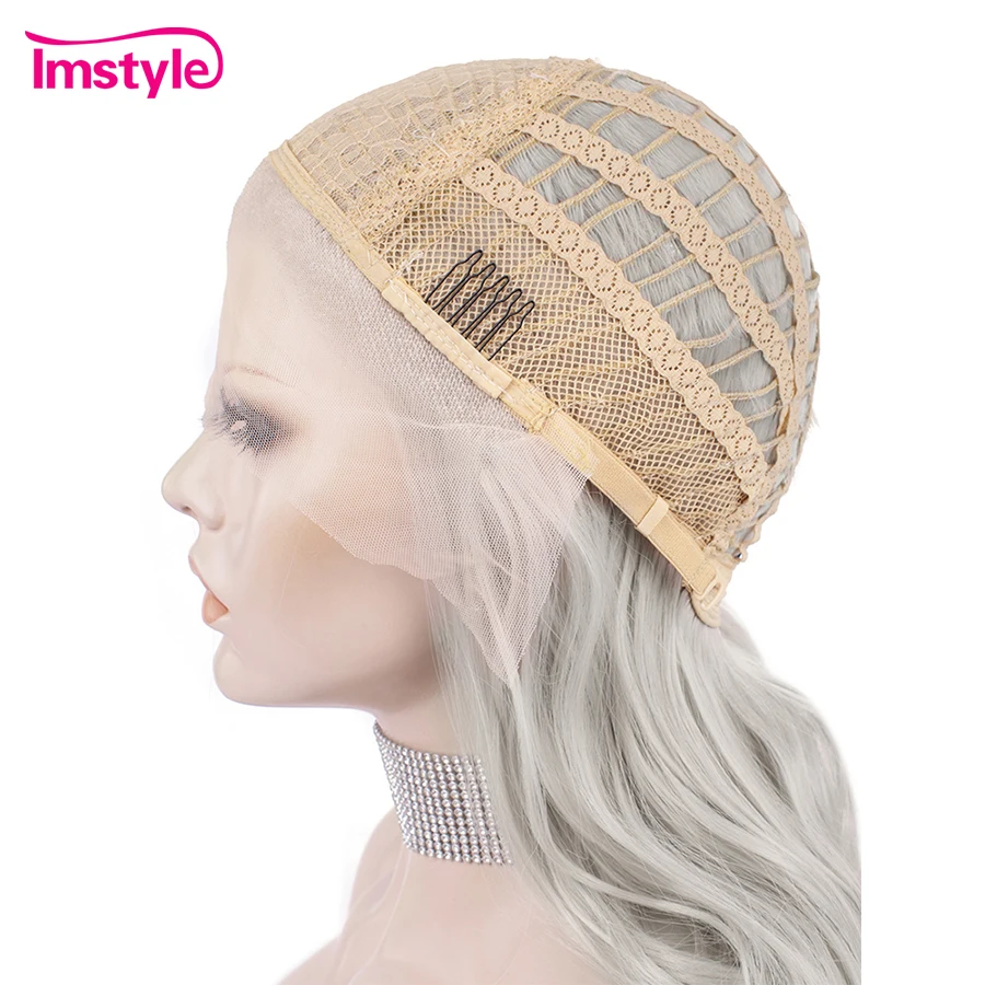 Imstyle Grey Synthetic Lace Front Wig Short Lace Fornt Wig Natural Wavy Wigs For Women Heat Resistant Fiber Cosplay Wigs