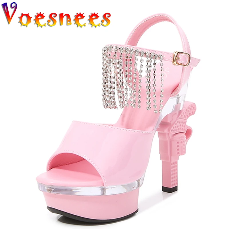 Voesnees Women Shoes Summer 2021 New Sexy Pistol Heel Sansals Patent Leather Platform Fringe High Heels14cm ladies Wedding Shoes