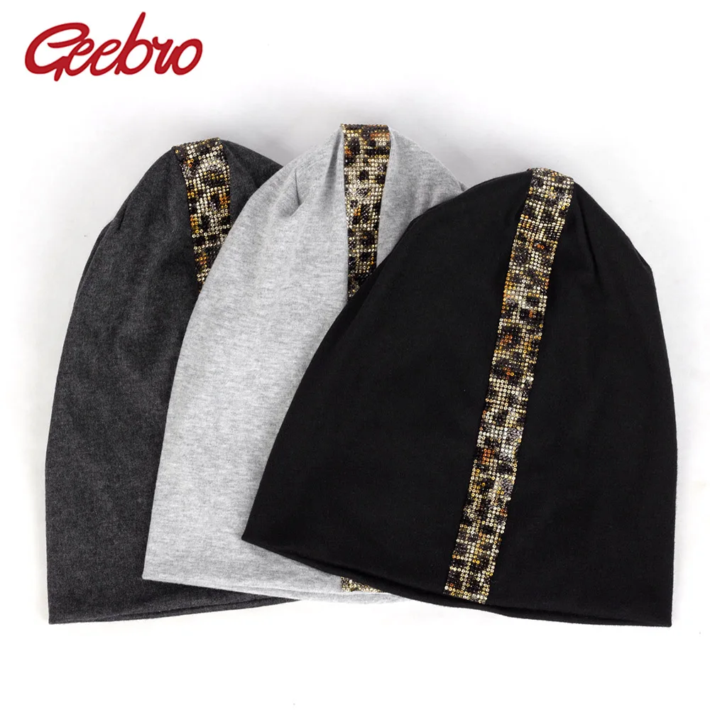 

Geebro Women's Cotton Casual Soft Hats Leopard Rhinestones Beanies Unisex Solid Color Skullies Caps Girls Man Spring Bonnets